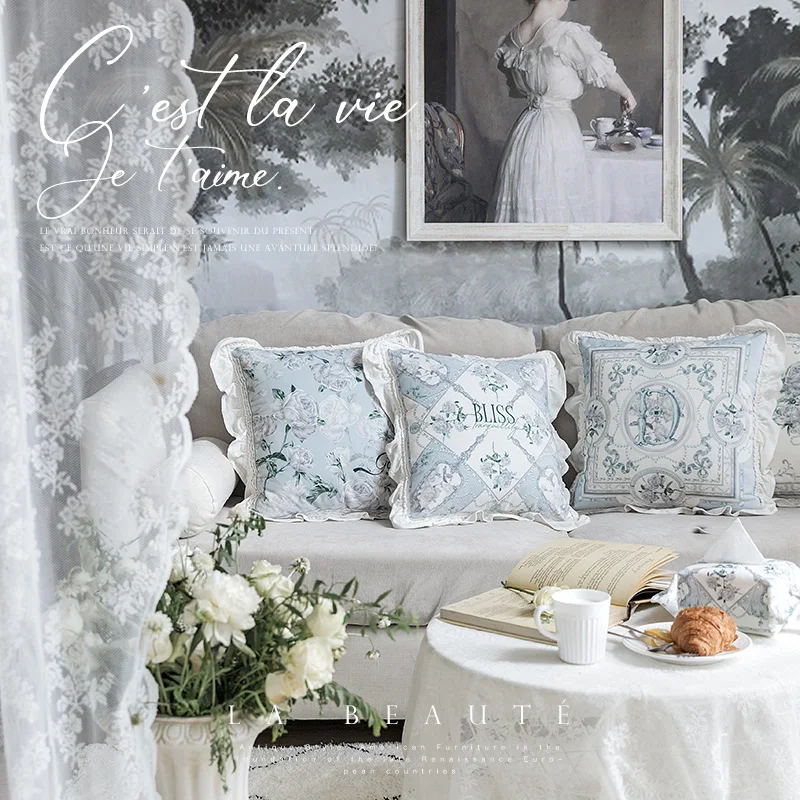 

French Blue Pillow Small Fresh and Elegant Sofa Decorative Cushion Cover Short Plush Flowers Bedside Office Waist Pillowcase