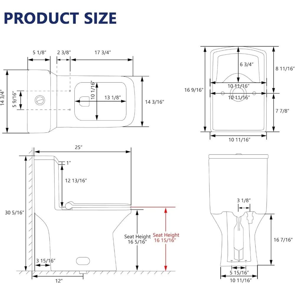 Elongated One Piece Toilet, DV-1F0072-1 Square Compact Toilets for Bathrooms, Dual Flush 1/1.6 GPF and MaP 1000g, 12'' Rough-In 6