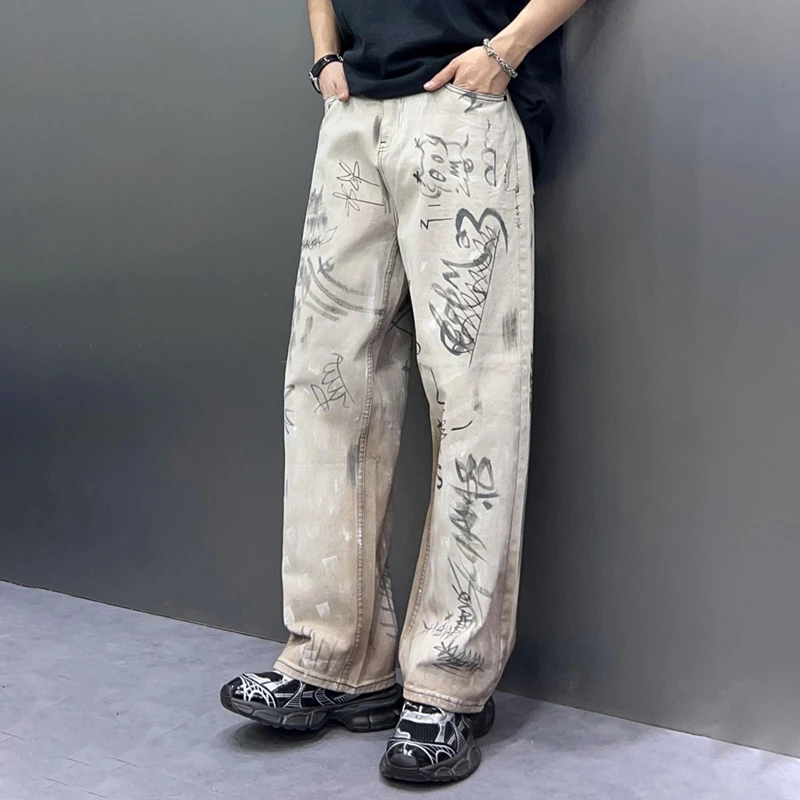 Hip Pop Style Baggy Jeans Wide Leg Pants Casual Graffiti Men's Loosen Jeans Fashion Denim Clothes