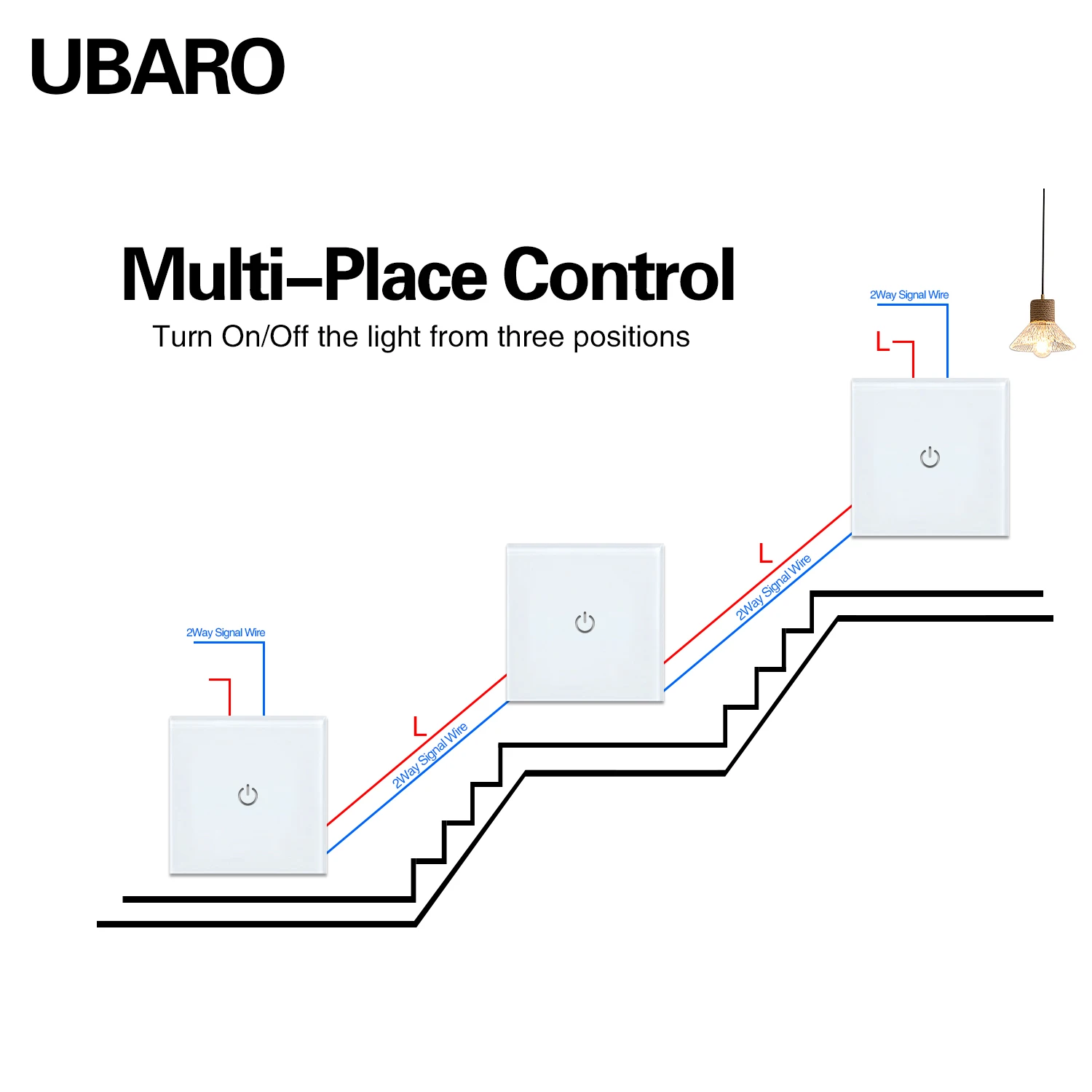 Фото Сенсорный выключатель UBARO Eu 86 Series 1Gang 3Way Touch Dual, панель из закаленного стекла, сенсорный переключатель для лестниц, спальни, сменные переключатели 220 в 2000 Вт №4