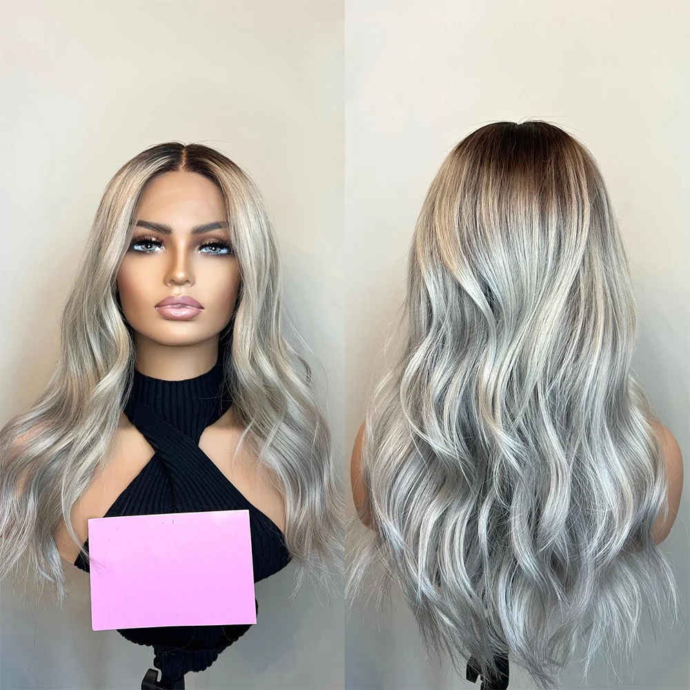 Balayage White Silver Blonde Full Lace Wigs Dark Brown Roots Glueless Ombre Human Hair Wigs 180% Loose Wave Lace Front Wig HD