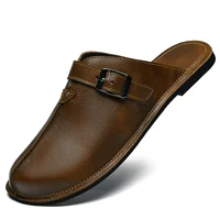 Sandales classiques en cuir pour hommes, pantoufles de marche, confortables, légères, pour l'extérieur, demi-glisse, nouvelle collection été 2