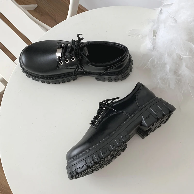 Rimocy Classic Black Platform Oxford Shoes for Women Spring Autumn Casual Lace Up Flats Woman Fashion Non-slip PU Leather Shoes