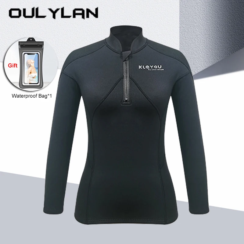 Oulylan Female Waterproof Swimming Wetsuit Long Sleeved Short Pants Slim Swimsuit 2MM Split Diving Suit Snorkeling Surfing