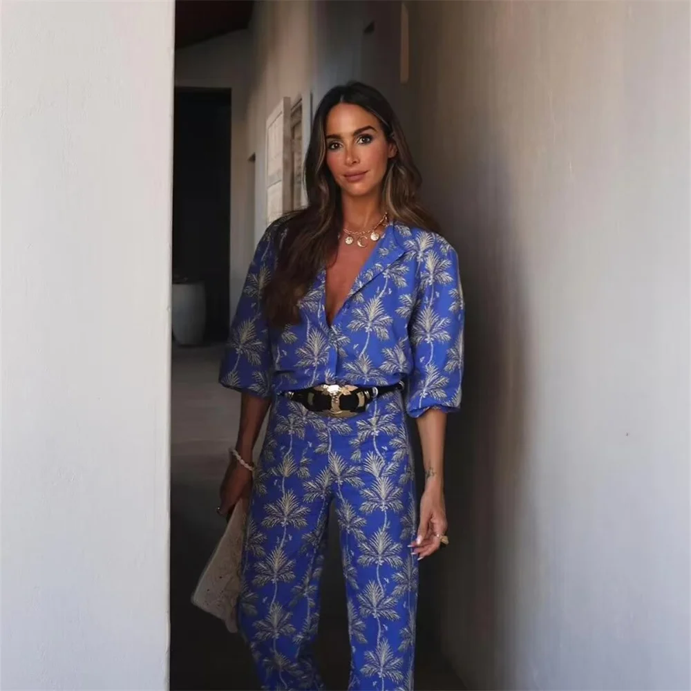 Spring/Summer 2024 New Women's Round Neck Casually Printed Long Sleeve Shirt & Loose Pants Suit