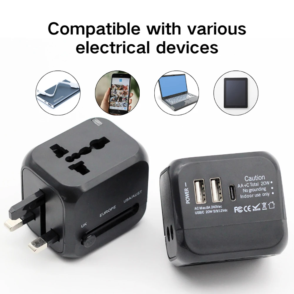 USB Type C PD 20W Wall Adapter Travel Charger Universal US EU UK AU Plug Adapter All-in-One Fast Charging Mobile Phone Adapter