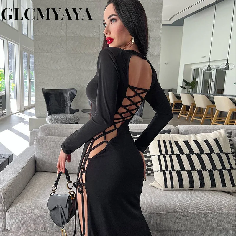 

Женское платье с открытой спиной и длинным рукавом, с круглым вырезом