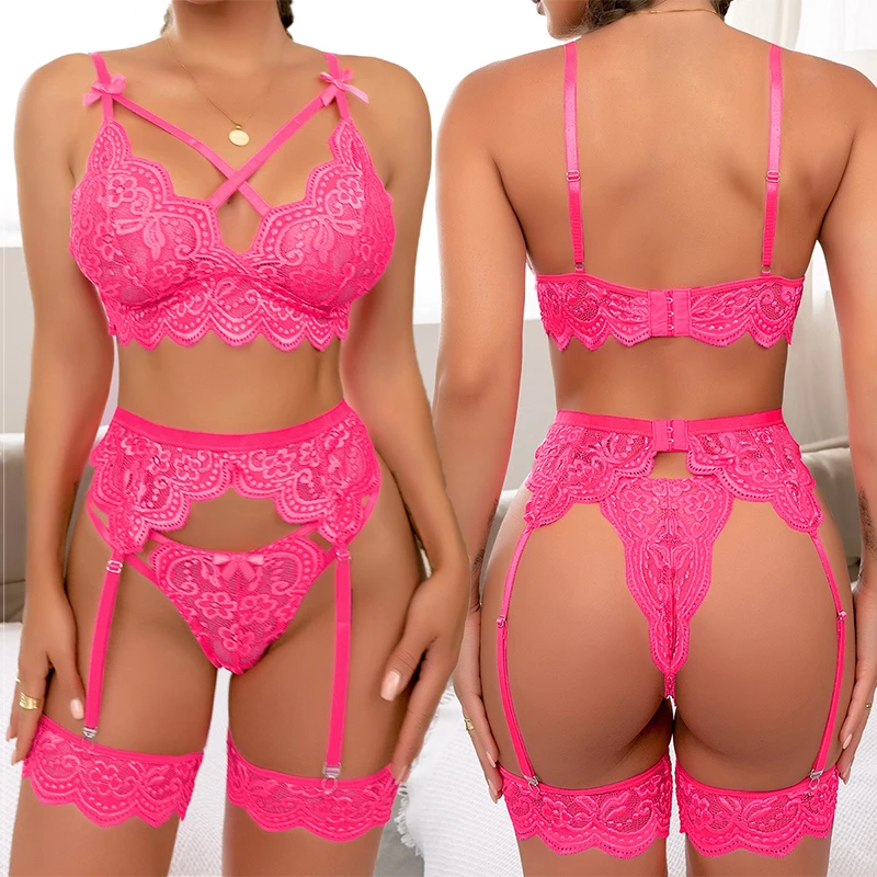 Porn Plus Size Sexy Lingerie Bra And Panty Garters 3pcs See Through Sexy Hollow Out Women's Underwear Set Erotic Lace Bra Set