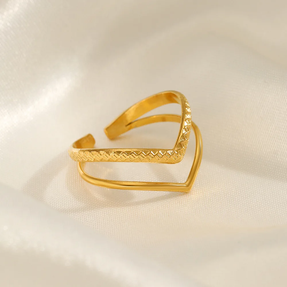 Stainless Steel Adjustable Finger Rings V Shape Double Layers Open Ring For Women Geometric Aesthetic Jewelry Gift