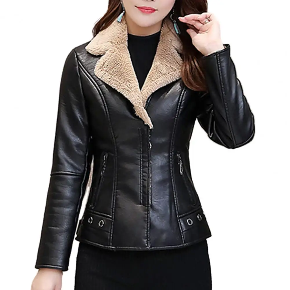 Warm Winter Jacket Stylish Fall Winter Women's Plush Faux Leather Jacket with Zipper Pockets Warm Slim Fit Cardigan Coat for A