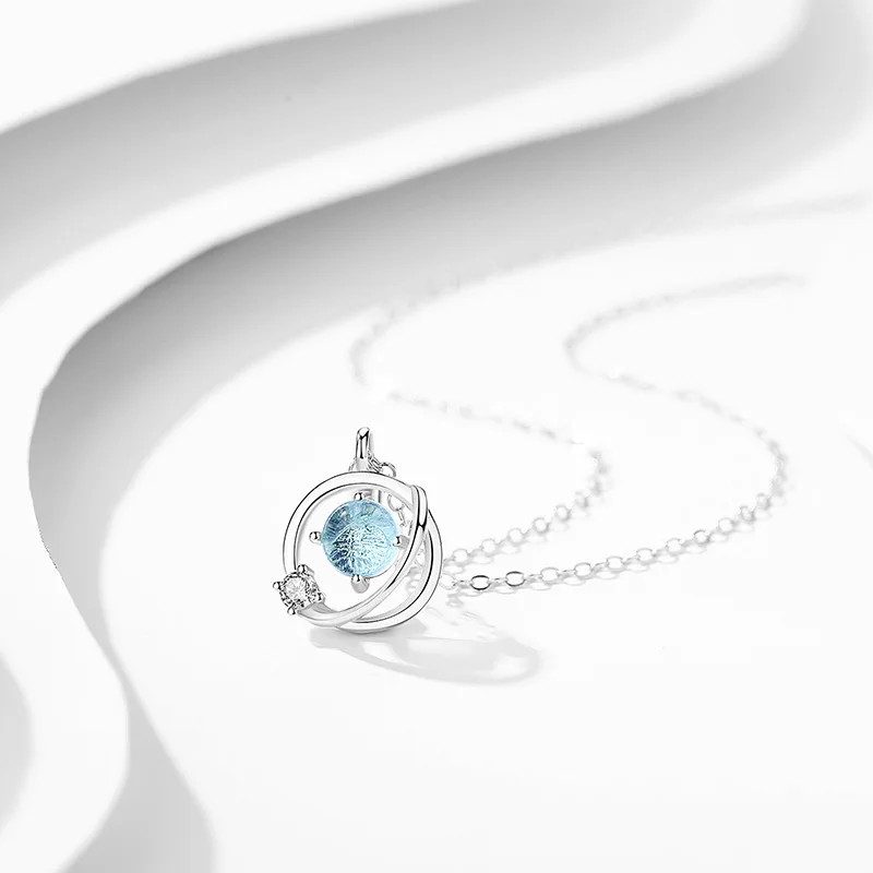 Authentic 925 Sterling Silver Simple Dream Planet Crystal Pendant Chain Necklaces For Girl Women Wedding Party Jewelry Gift