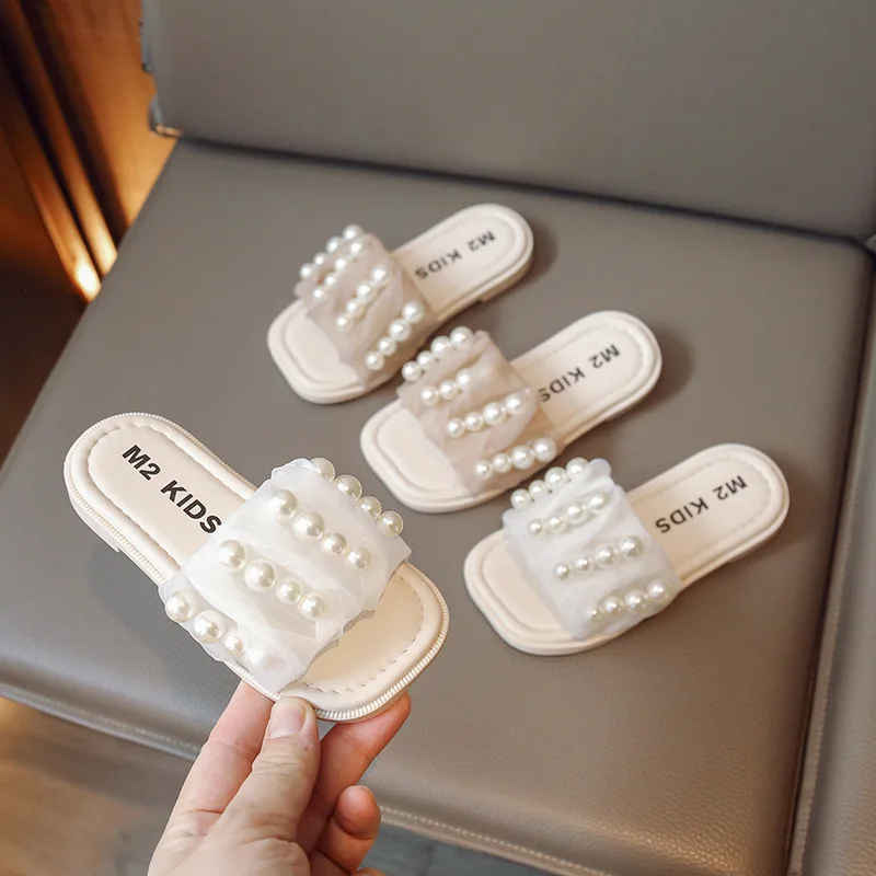

Girls Slippers Summer Lace Pearl Children Lovely Sweet Beach Non-slip Breathable Kids Princess Style Fashion Flat Heels Slippers