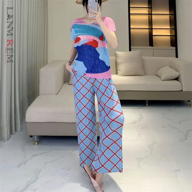 LANMREM Printting Casual Pleated Set Women Summer Chic O-neck T-Shirt And Loose High Waist Straight Pants Two-Piece Sets 2DB4517