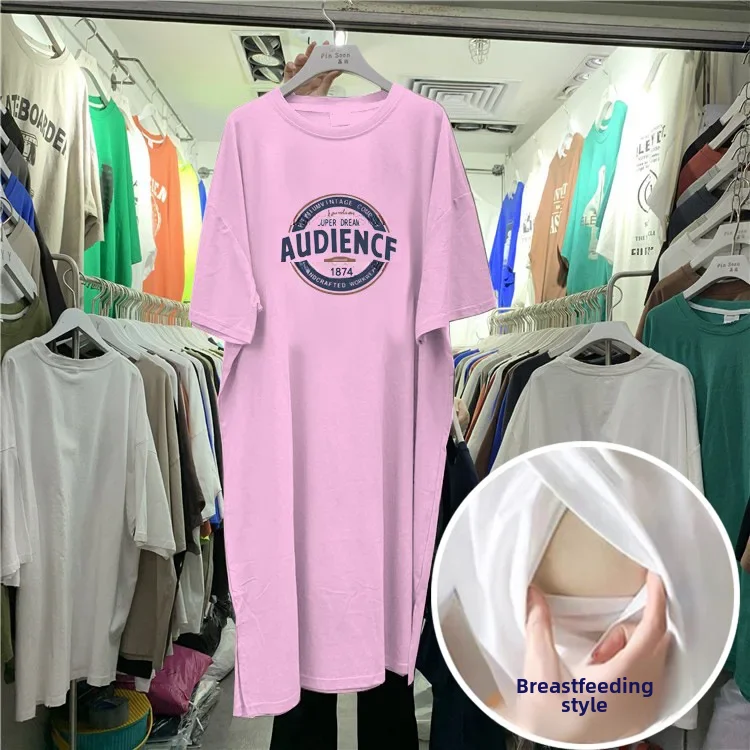 임산부 원피스 무릎 위 긴 반팔 모유 수유 원피스, 하이 패션 외투, 임산부 수..