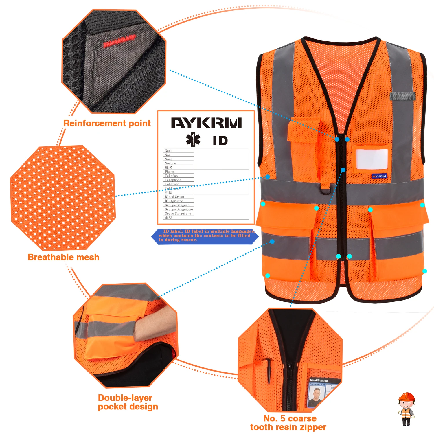 AYKRM 21 color (XS-8XL) Hi Vis Viz وضوح عالية عاكسة الرمز البريدي جيب الأمن سترات سترات سترات العمل