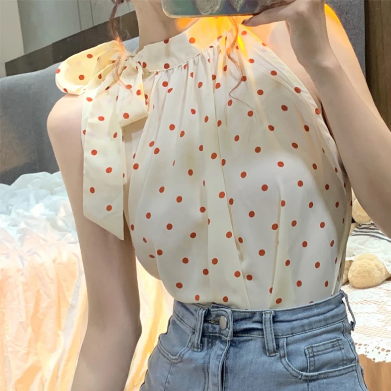 

Polka Dot Chiffon Shirt Women's Design Sense Niche Summer French Retro Sweet and Spicy off-Shoulder Halter Top Western Style You