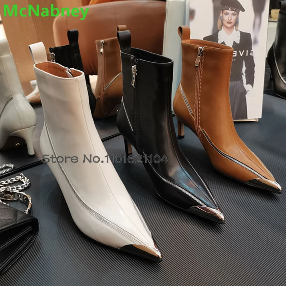 

Metal Pointed Toe Short Winter Boots For Female Women 2023 New Thin High Heel Size Zipper Genuine Leather Elegant Fashion Shoes
