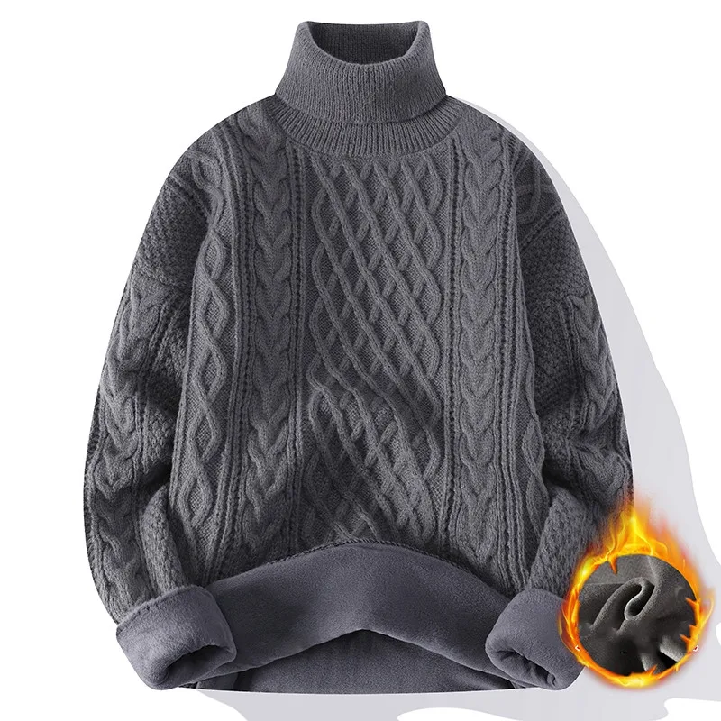 2023 Autumn Winter Mens Fleece Turtleneck Sweater Men Knitting Pullovers Knitted Red Sweater Warm Men Jumper Casual Sweater