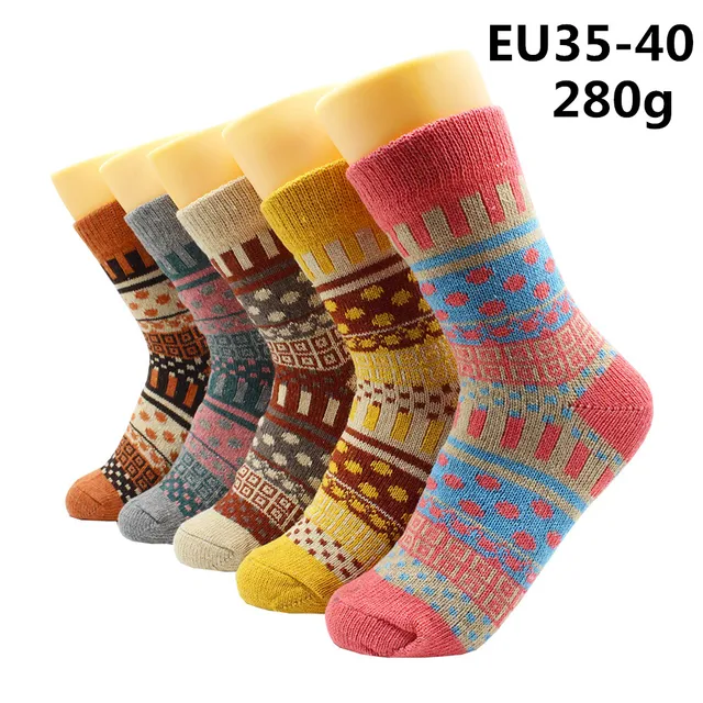 5 Pairs Winter Warmer Women Thicken Thermal Wool Cashmere Snow Socks Fashion Casual Euramerican National Wool Socks for Women 5 Pairs -YM011