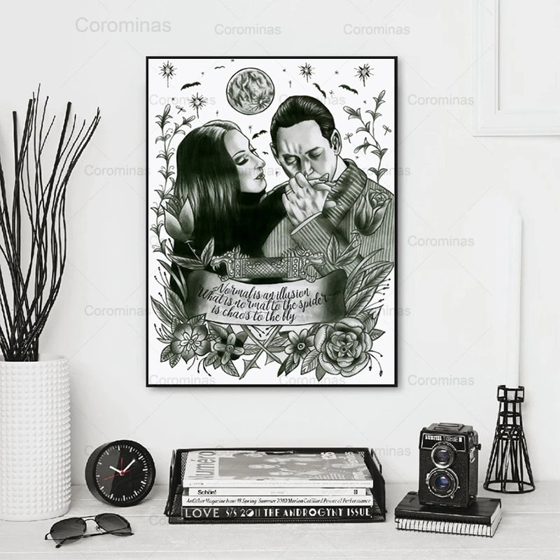 

Addams Family Quote Art Poster Black and White Vintage Canvas Painting Morticia Gomez Tattoo Illustration Wall Art Picture Decor