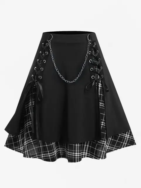 ROSEGAL Plus Size Women's Gothic Skirt Casual Plain Chain Detail High Waisted Stitching Plaid Pleated Layered Lace Up Skirts 5XL