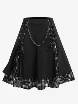 ROSEGAL Gonna gotica da donna taglie forti Casual Pianura dettaglio catena Cuciture a vita alta Plaid a pieghe a strati Gonne con lacci 5XL 1