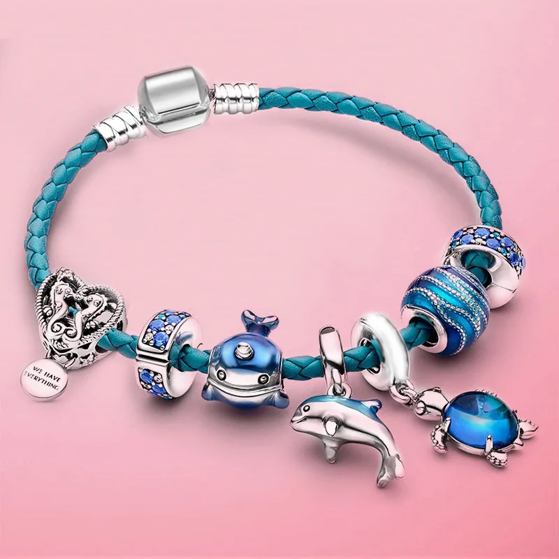 Браслет Pandora из серебра 925 пробы с синими блестками подвеска в виде дельфина