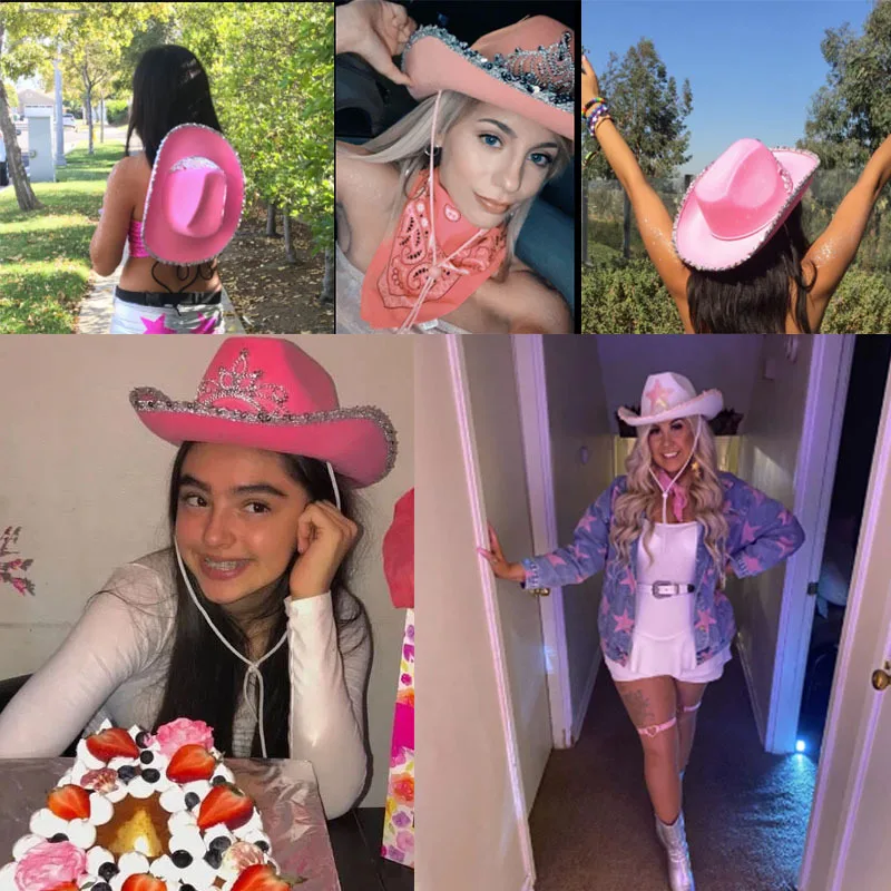 Western Style Cowboy Hat Pink Women Girls Party Cap with Light Warped Wide Brim with Feather Sequin Crown Tiara Cowgirl Hat cowboy hats cowgirl hats