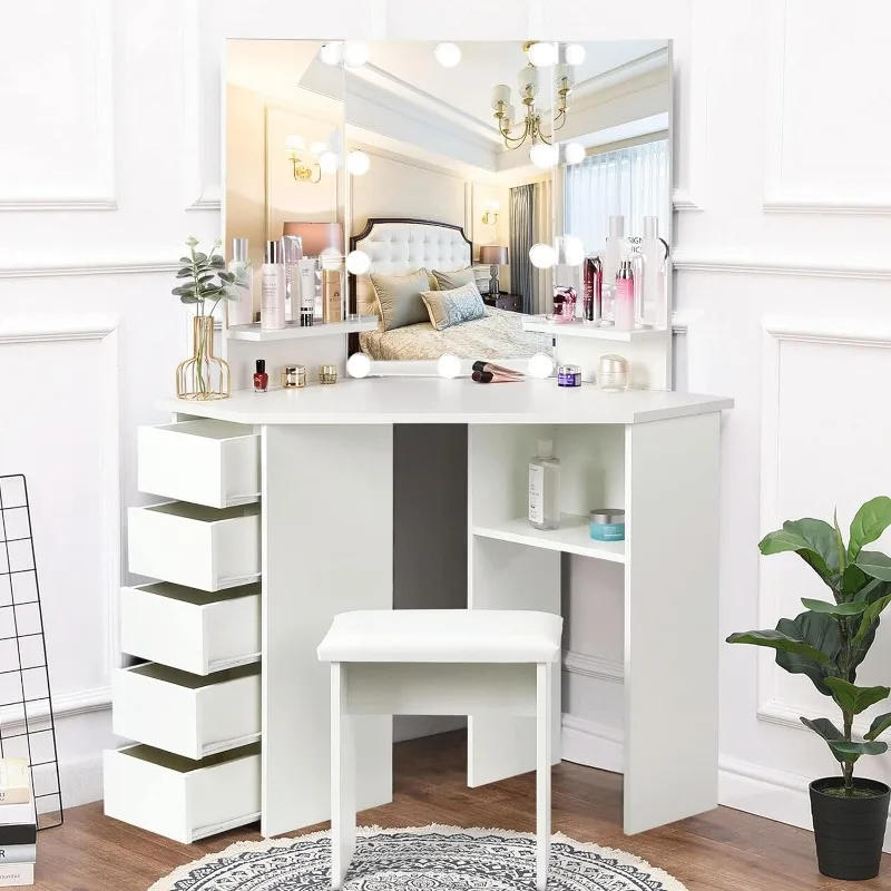 

Vanity Desk with Mirror and 3 Lighting Options, Adjustable Brightness, Vanity Set with 5 Sliding Drawers