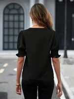 Chemisier à manches courtes bouffantes pour femmes, chemises décontractées pour dames, chemisiers à col en V, chemisier solide pour documents, style d'été 6