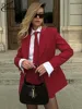 Oymimi Elegant Red Women's Two Pieces Set Fashion Long Sleeve Pockets Tie Button Blazers And High Waisted Simple Shorts Sets 2