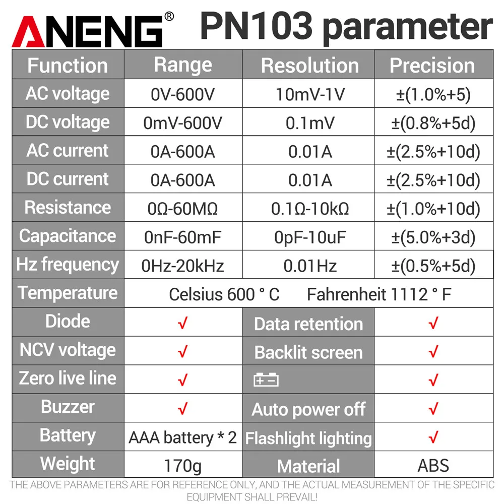 ANENG PN103 AC/DC Current Clamp Meter digital multimeter 600A Voltage Tester 6000 Counts Hz Capacitance NCV Ohm Diode Testers