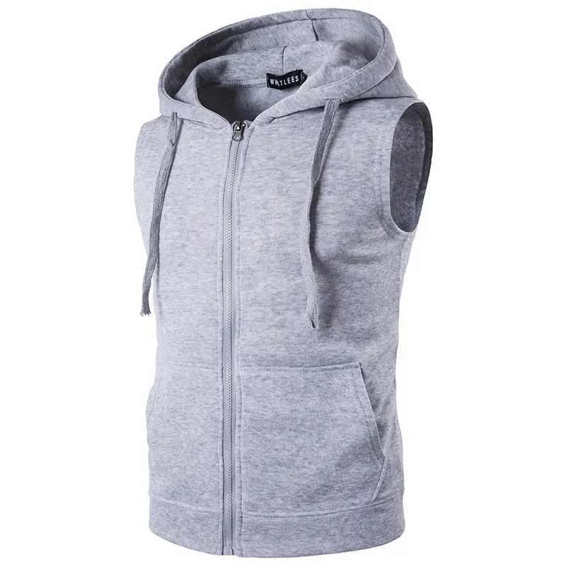 Mens Hooded Sleeveless Zip Casual Sweatshirt Hoodies 2023 Summer Autumn Solid Color Cotton Jacket Vest Waistcoats Top