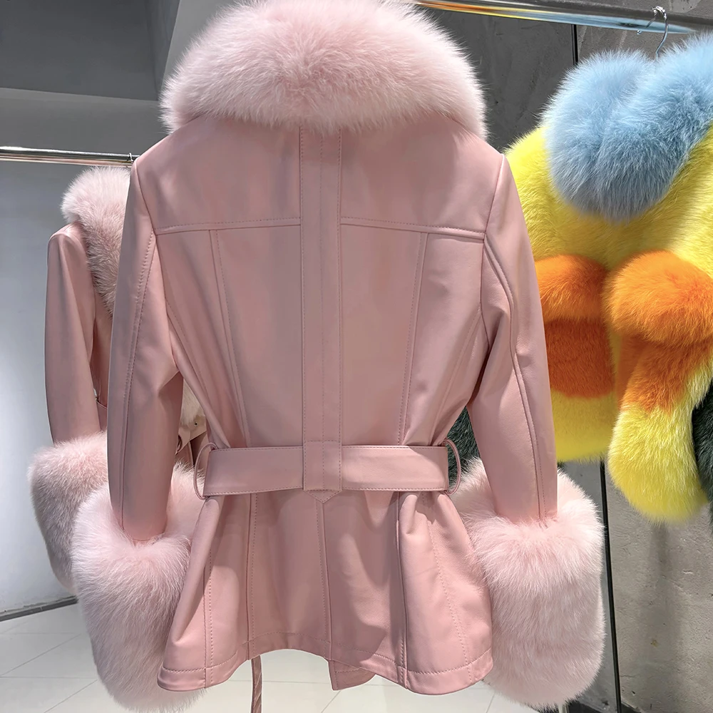 YOLOAgain Real Fox Fur Collar Genuine Leather Jacket Women