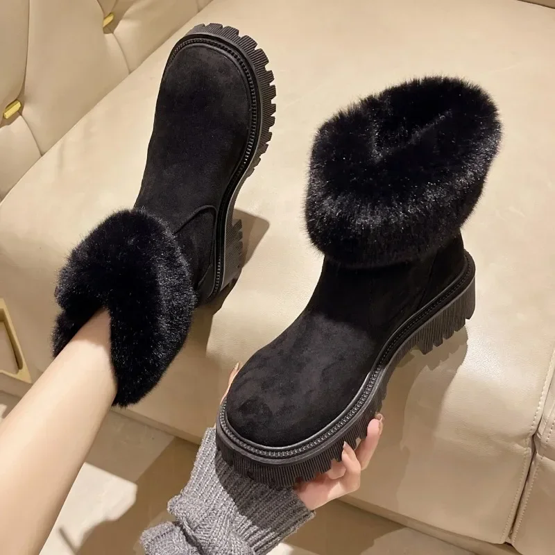 Women's Side Zipper Plush Solid Snow Boots 2023 Winter Designer Round Head Thick Sole Anti-slip Platform Shoes Zapatos De Mujer