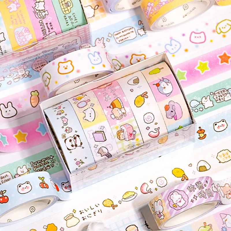 5Roll/box Ins Cute Animals Series Decoration Adhesive Tape Planner DIY Scrapbooking Journal Collage Material Stickers Gift 3