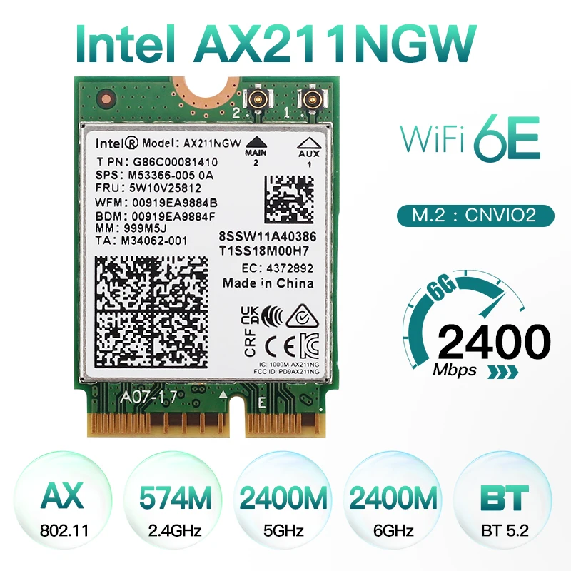Ax211Ngw Wi-Fi 6E M.2 Key E Cnvio2 2.4Ghz/5Ghz/6Ghz Bluetooth 5.3 Scheda Adattatore Wireless 802.11Ac Windows 10 64 Bit