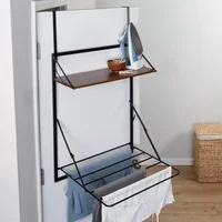 Retractable Steel Wall Mount Drying Rack with Shelf Rust-Resistant Black/Walnut Eco-Friendly Collapsible Laundry Organizer 1