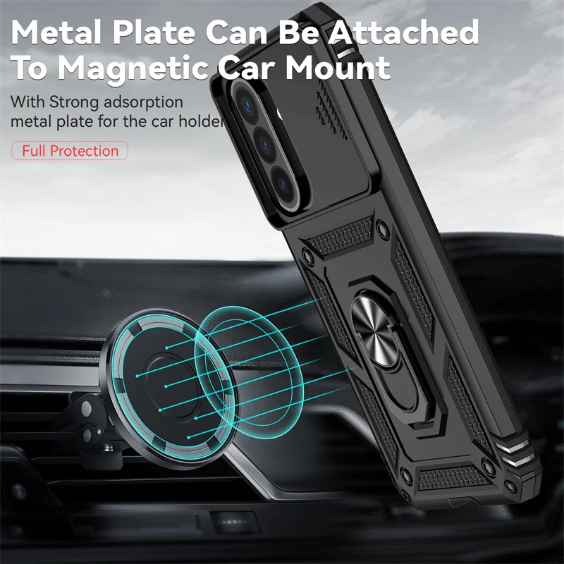Slide Lens Camera Armor Phone Case with Car Magnetic Ring Holder and Back Cover