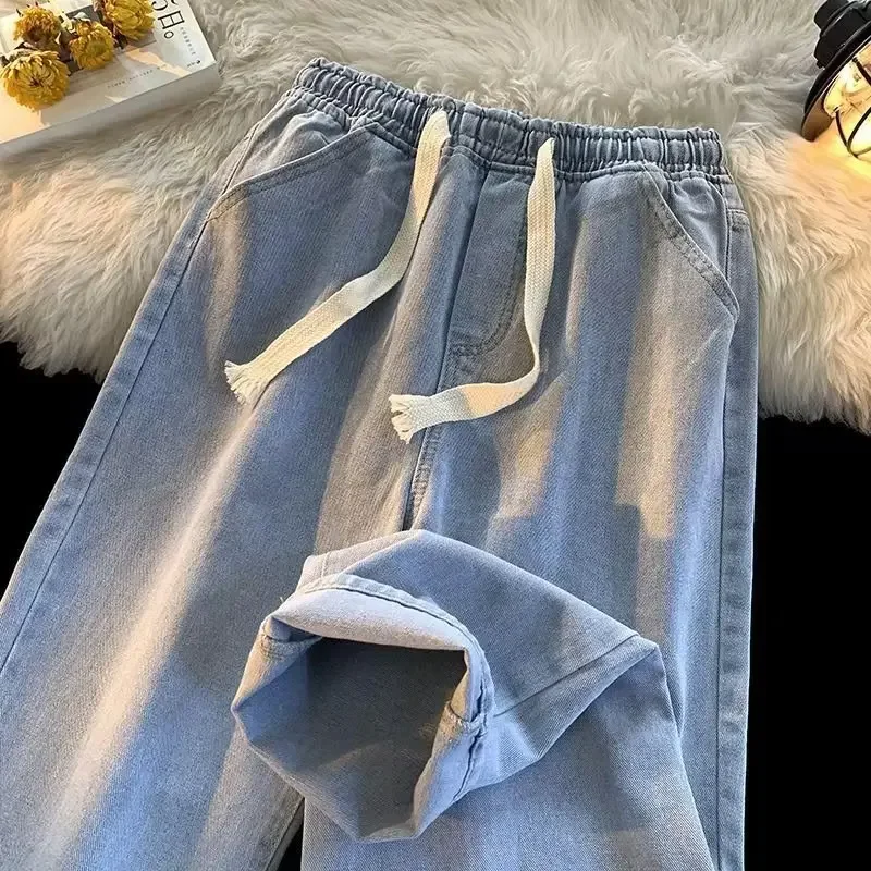 Spring Autumn Men's Elastic Waist Straight-Leg Jeans Loose-Fit Plus Size Casual Pants Drawstring Casual Slacks Plus Size 3