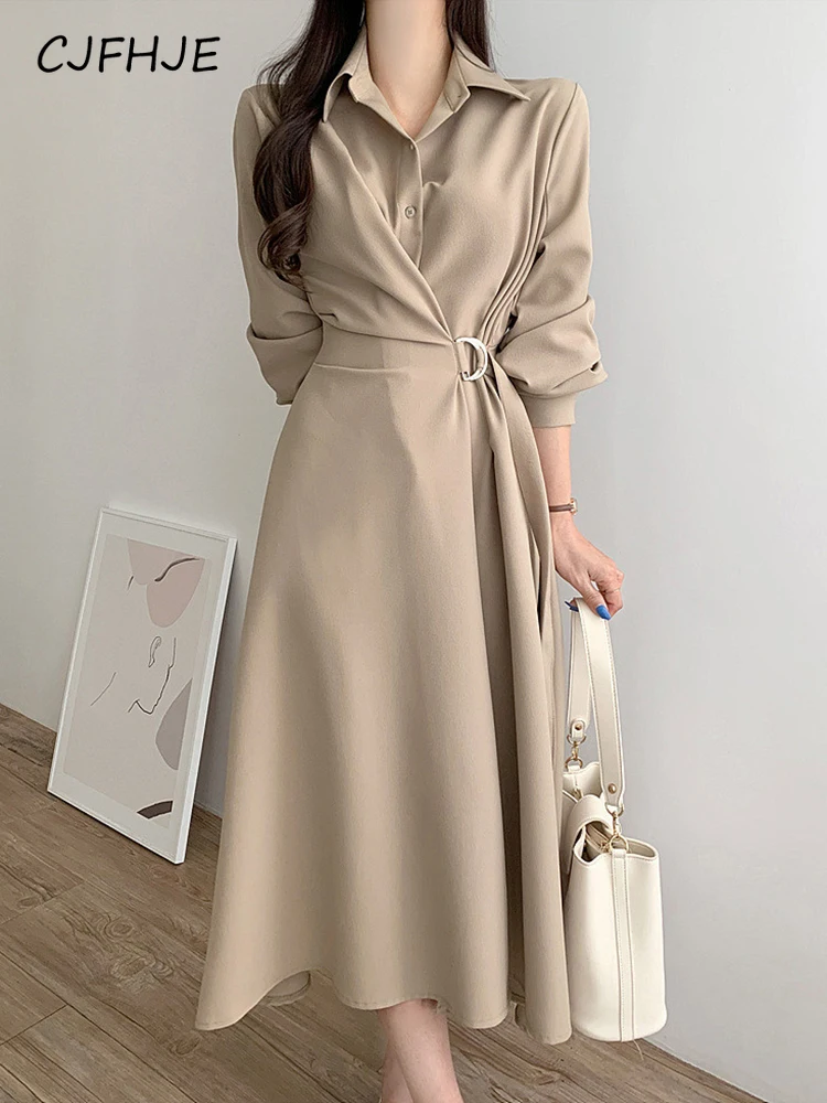 

CJFHJE Simple Korean Chic Wrap Dress Elegant Turn-Down Button Up Midi Dress A-Line Shirt Dress New Korean Fashion Office Ladies