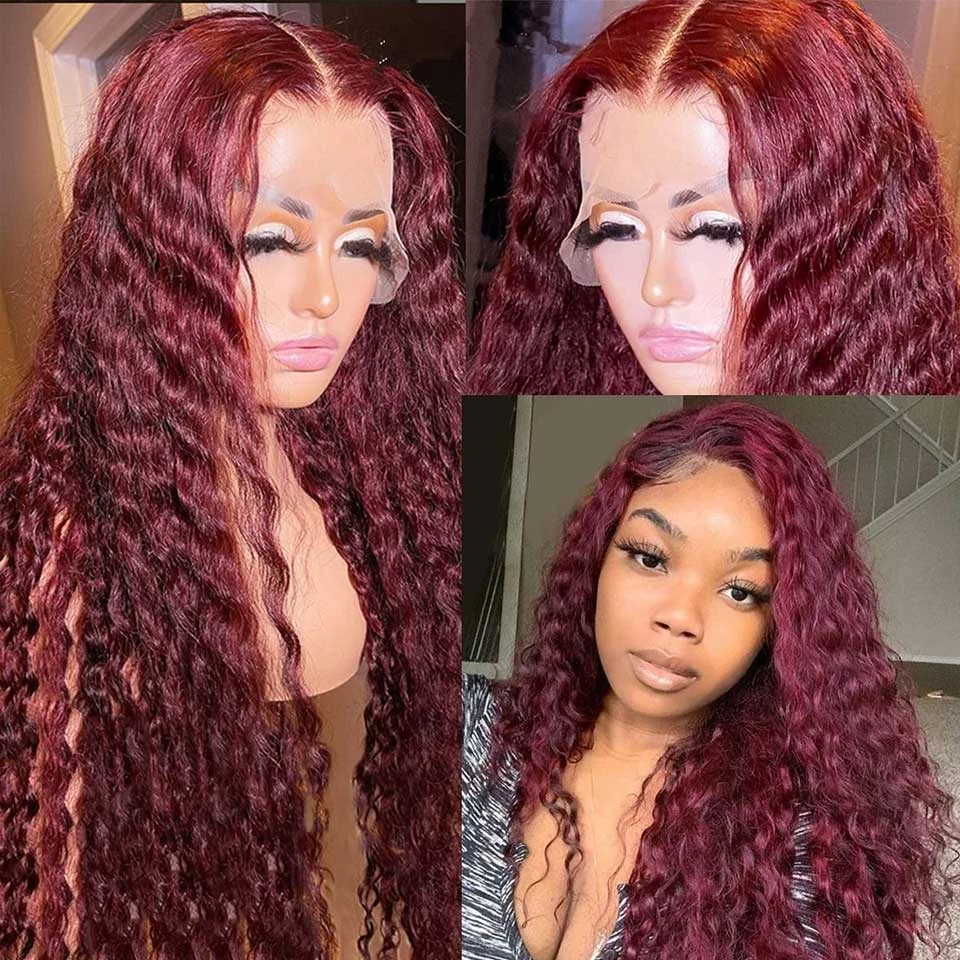 #99j Burg Color Brazilian Deep Wave 3/4 Hair Bundles with HD Transparent Lace Closure Remy Human Hair Bundles with Lace Frontal
