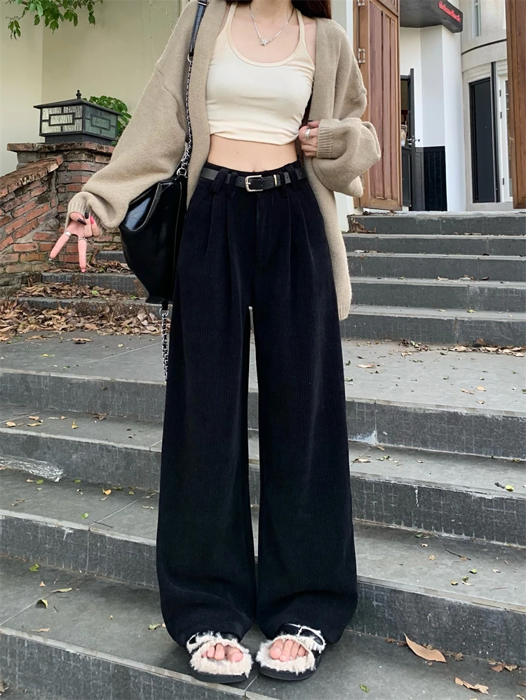 Maillard Coffee Corduroy Casual Pants For Women's Autumn And Winter New High Waist Slim Wide Leg Pants Straight Trousers