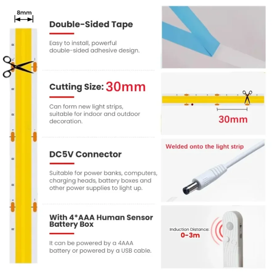 스마트 센싱 조절 가능 COB 라이트 스트립 모션 센서 LED 유도 야간 조명 (가정, 침실, 침대 조명 DIY 장)