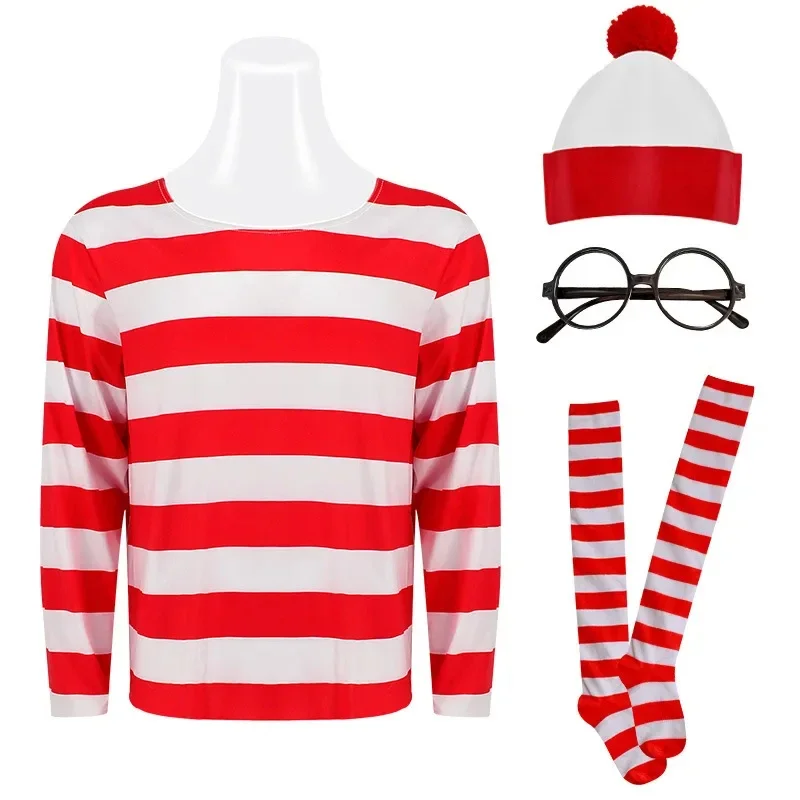 Halloween Wally Cosplay Costume Wheres Waldo Cos Striped Shirt Youth Kids Boys Wally Costume Shirt Glasses Hats Unisex Adults