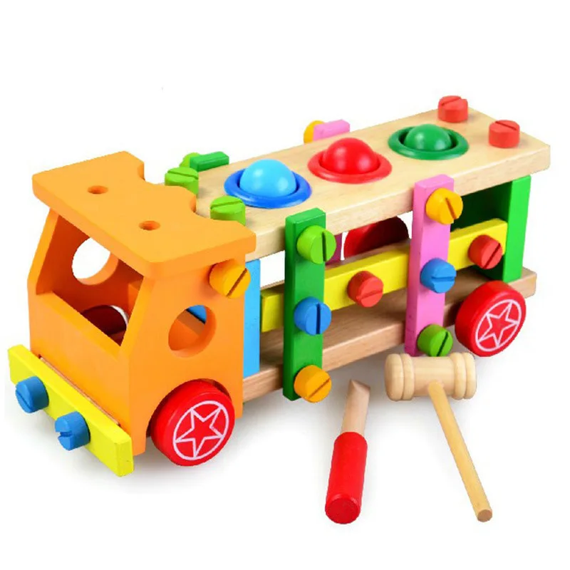 

Wooden Assembled Screwdriver Multifunction Knock The Ball Screw Car Assembly Car Model Building Blocks Toys For Children Kids