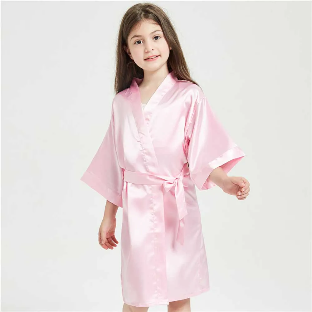 Kids Satin Black Kimono Robe Solid Girl Peacock Bath Robes for Wedding Spa Party Gifts Bridal Lingerie Sleepwear Bathrobe
