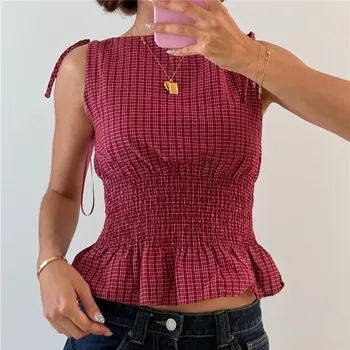 Women Summer Gingham Tie Shoulder Tank Top Y2k Vintage Sleeveless Shirred Ruffle Babydoll Shirt Cute Going Out Plaid Top 1