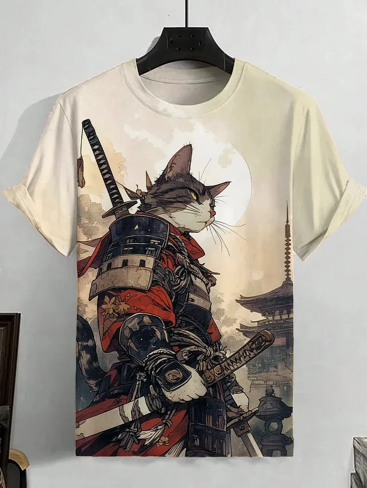 Mens Summer Casual Ukiyo-e Print Short Sleeve T Shirt