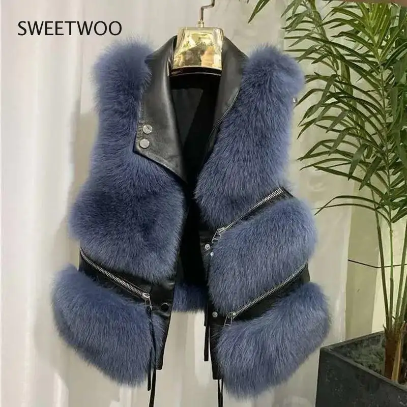 2022 Autumn Winter Faux Fur Vest Women Solid Lapel Sleeveless Pu Leather Jackets New Loose Warm Multi-Zip Decoration Coat Slim
